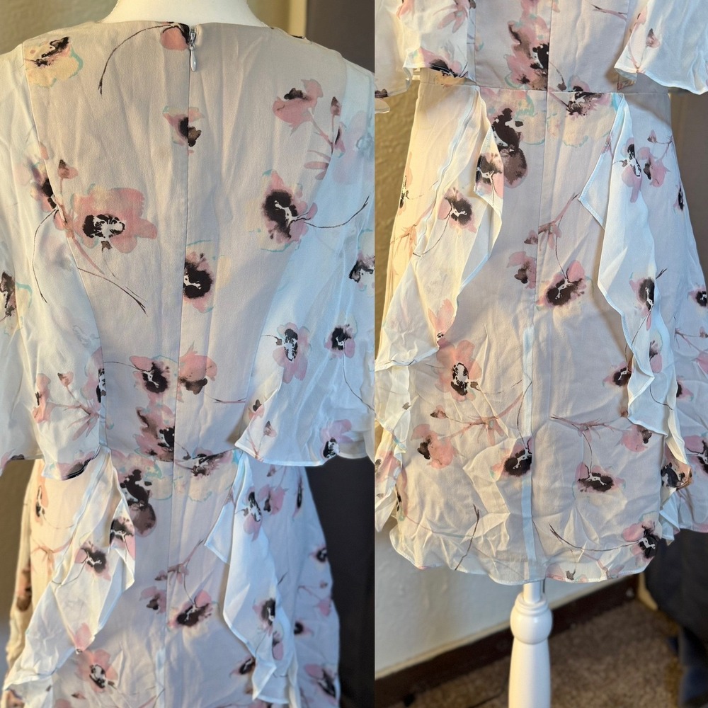 BCBGMAXAZRIA Mabel Floral Silk Dress Flutter Sleeve Ruffle V-Neck 6 - Picture 9 of 13
